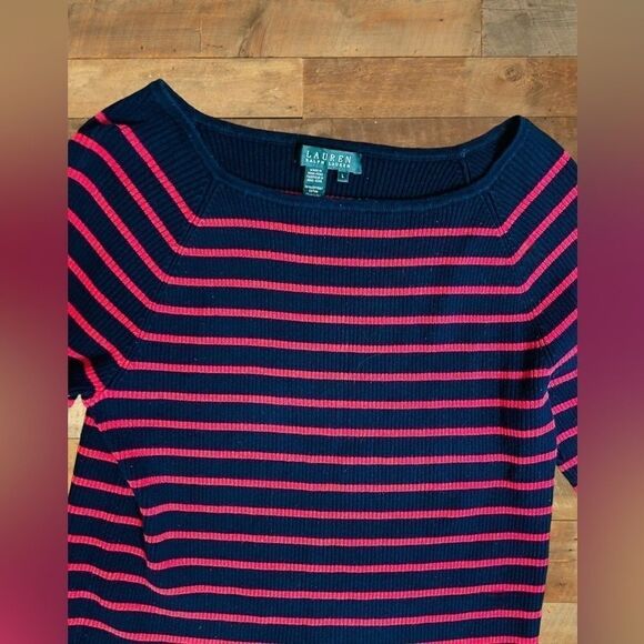 Lauren Ralph Lauren Women’s Size Large Navy & Red Striped Sweater • Relaxed Fit - Picture 7 of 16